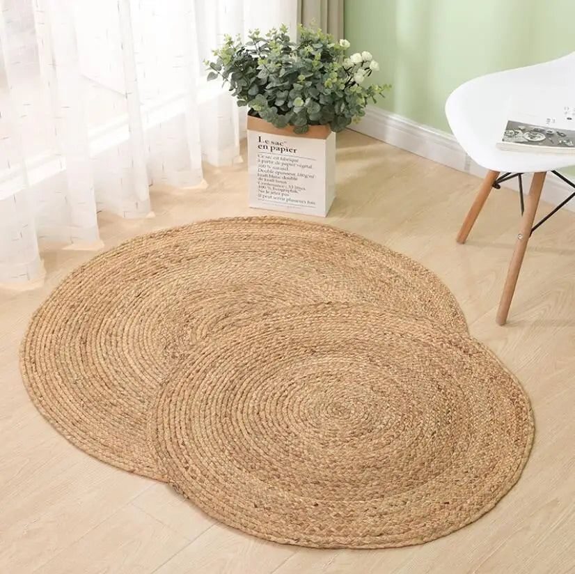 Natural Jute Japanese Creative Round Style Carpet For Living Room Hand-Made Rattan Grass Rugs Sofa Mats for Bedroom Chair Sofa