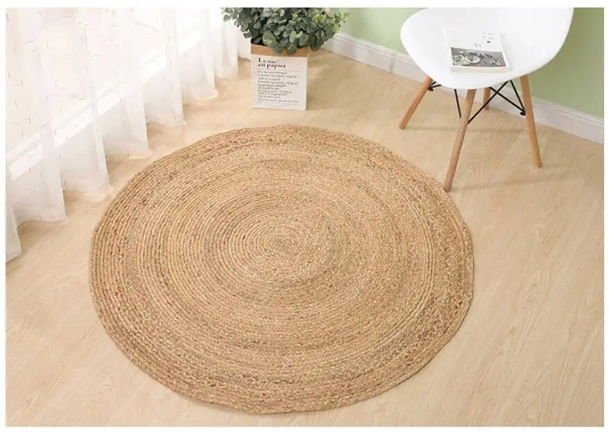 Natural Jute Japanese Creative Round Style Carpet For Living Room Hand-Made Rattan Grass Rugs Sofa Mats for Bedroom Chair Sofa
