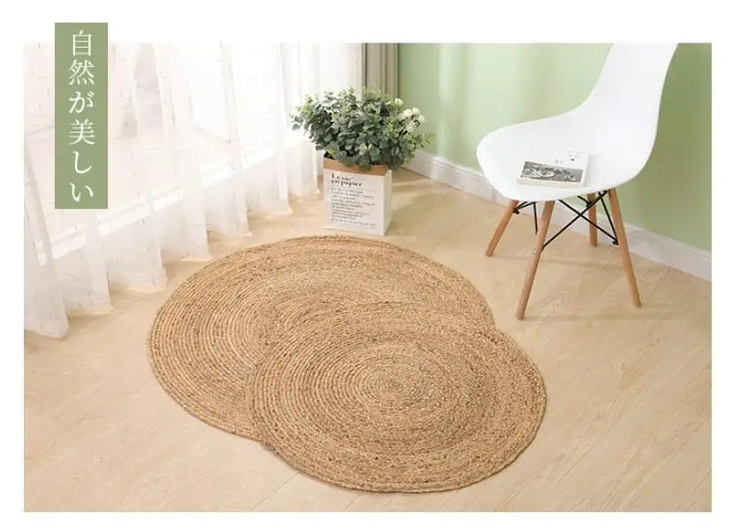 Natural Jute Japanese Creative Round Style Carpet For Living Room Hand-Made Rattan Grass Rugs Sofa Mats for Bedroom Chair Sofa