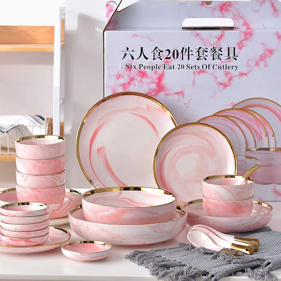 6 People eat marble ceramic dinner dishes and plates sets dinnerware sets tableware посуда набор посуды на 6 персон посуда