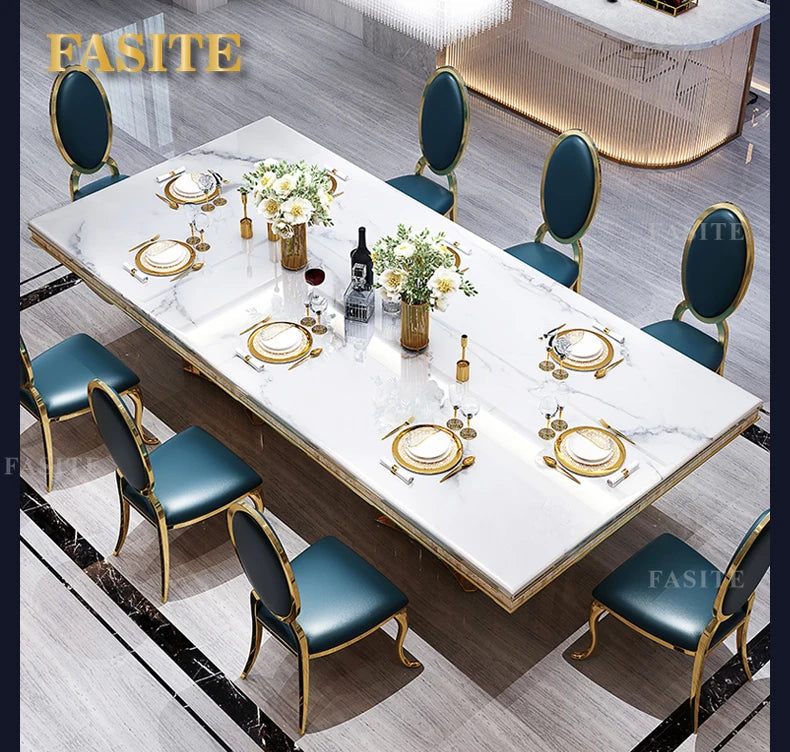 Luxury White Marble Dining Table And Chair Combination Rectangular Household Italian Type Large Concise Mesa Modern Furniture