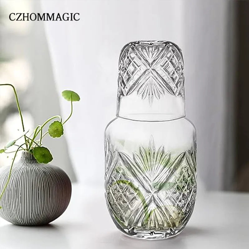 550ml Diamond Bedside Water Carafe and Glass Set for Bedroom Nightstand Vintage Night Water Pitcher with Tumbler Cup for Juice