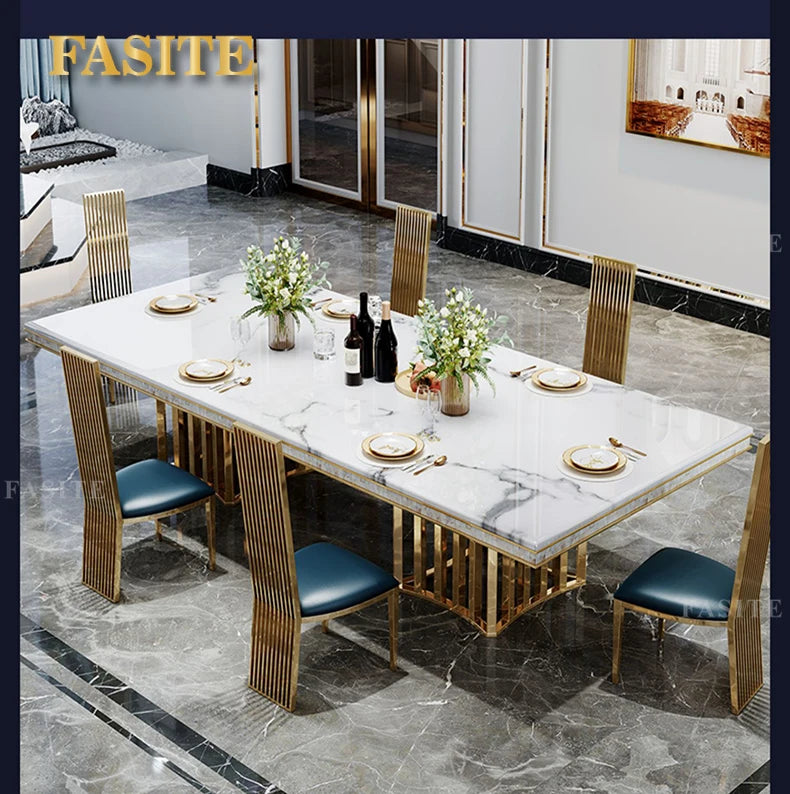 Luxury White Marble Dining Table And Chair Combination Rectangular Household Italian Type Large Concise Mesa Modern Furniture