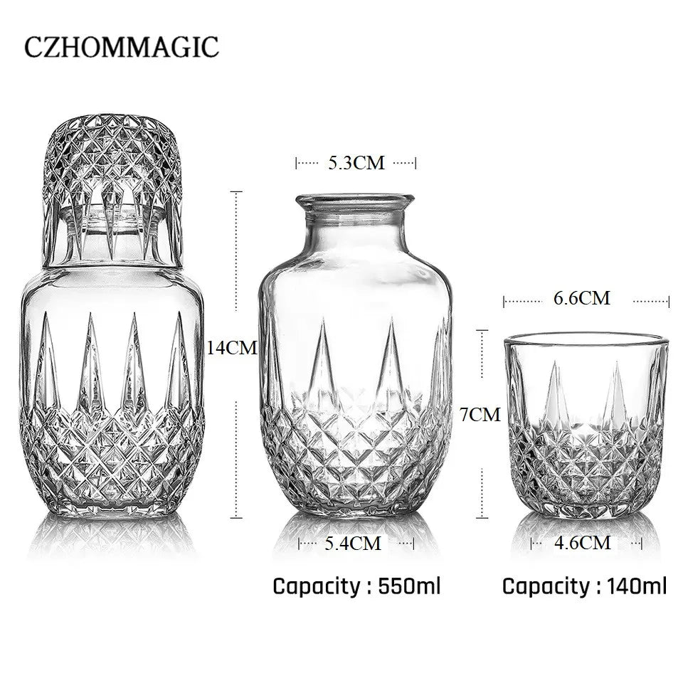 550ml Diamond Bedside Water Carafe and Glass Set for Bedroom Nightstand Vintage Night Water Pitcher with Tumbler Cup for Juice