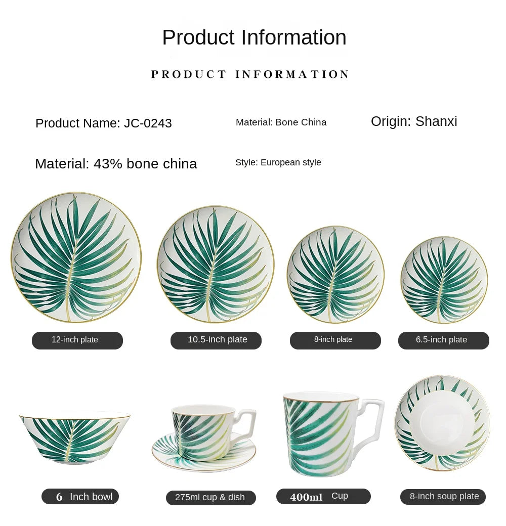 New Palm Leaf Nordic Style Tableware Hotel Household Bone Porcelain Plate Coffee Set Mug Disk Set Dinner Plates Ceramic Plate