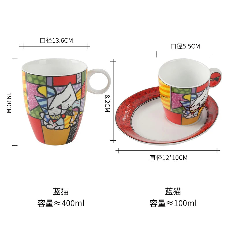 German Blue Cat European Creative Mini Ceramic Coffee Cup Tea Cups and Saucer Sets Coffee Cup Cute Cup Teacup Mug