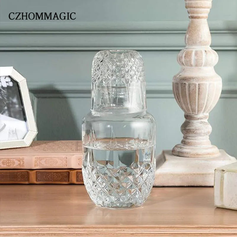 550ml Diamond Bedside Water Carafe and Glass Set for Bedroom Nightstand Vintage Night Water Pitcher with Tumbler Cup for Juice