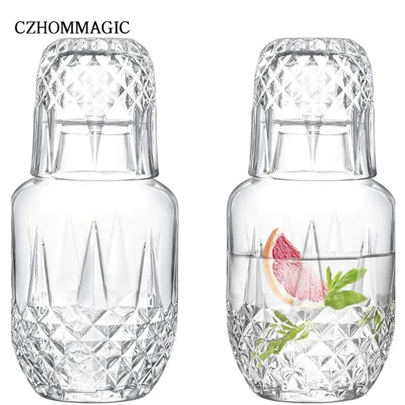 550ml Diamond Bedside Water Carafe and Glass Set for Bedroom Nightstand Vintage Night Water Pitcher with Tumbler Cup for Juice