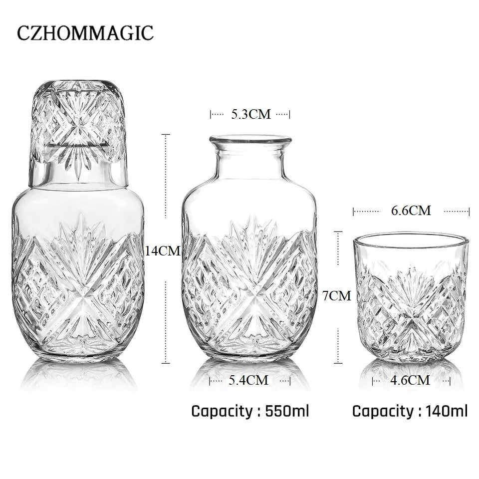 550ml Diamond Bedside Water Carafe and Glass Set for Bedroom Nightstand Vintage Night Water Pitcher with Tumbler Cup for Juice