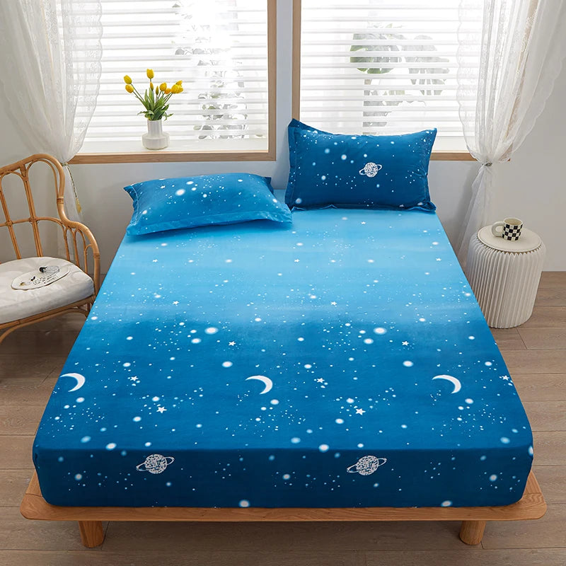 1pc 100% polyester printing bed mattress set with four corners and elastic band sheets hot sale(pillowcases need order)