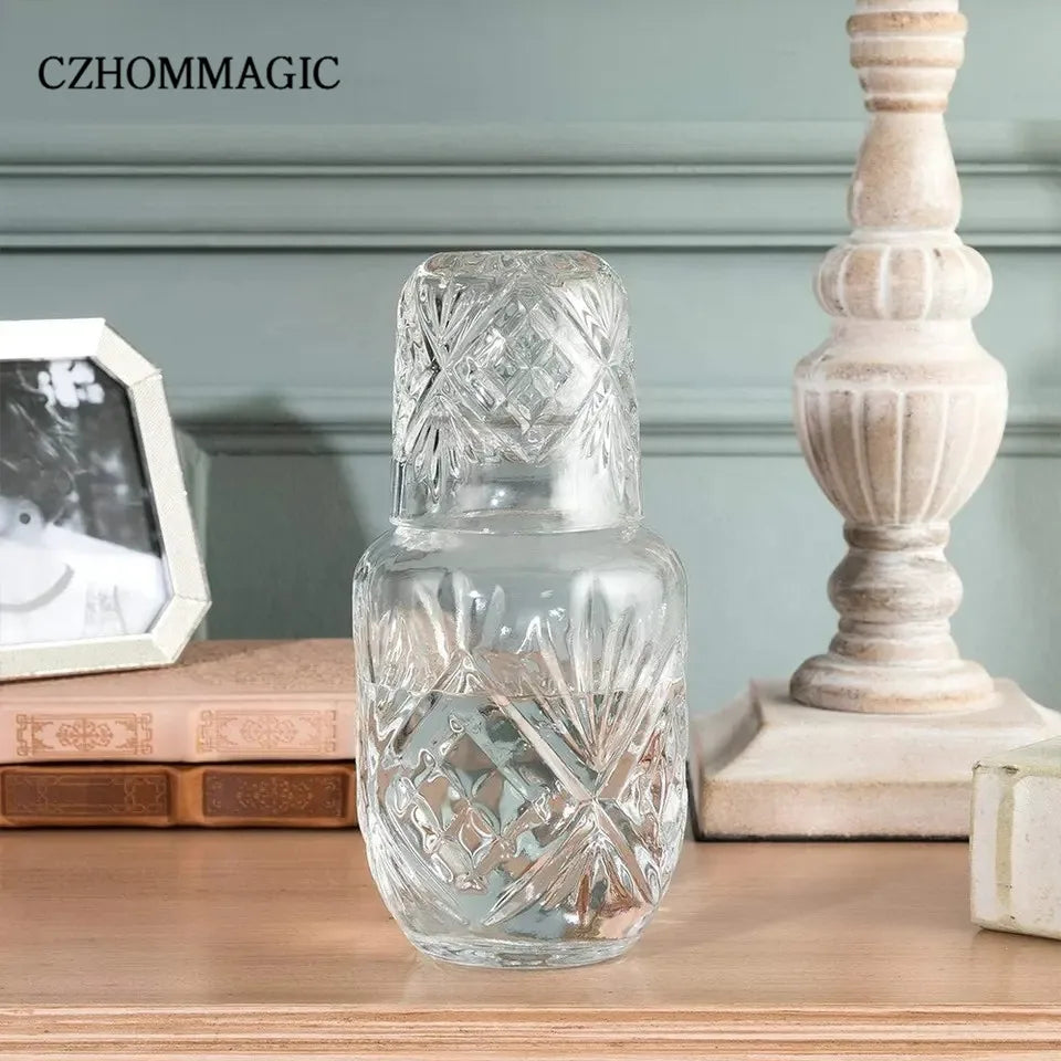 550ml Diamond Bedside Water Carafe and Glass Set for Bedroom Nightstand Vintage Night Water Pitcher with Tumbler Cup for Juice
