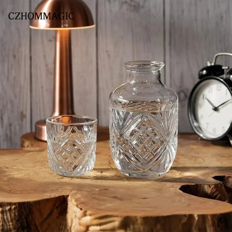 550ml Diamond Bedside Water Carafe and Glass Set for Bedroom Nightstand Vintage Night Water Pitcher with Tumbler Cup for Juice