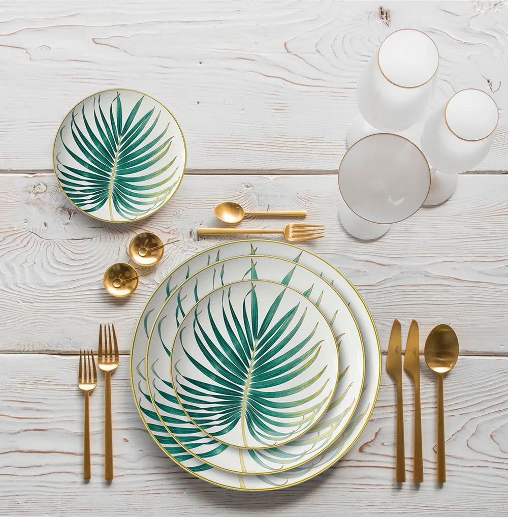 New Palm Leaf Nordic Style Tableware Hotel Household Bone Porcelain Plate Coffee Set Mug Disk Set Dinner Plates Ceramic Plate