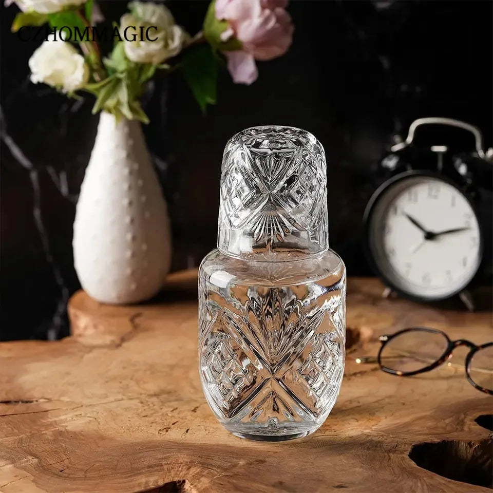 550ml Diamond Bedside Water Carafe and Glass Set for Bedroom Nightstand Vintage Night Water Pitcher with Tumbler Cup for Juice