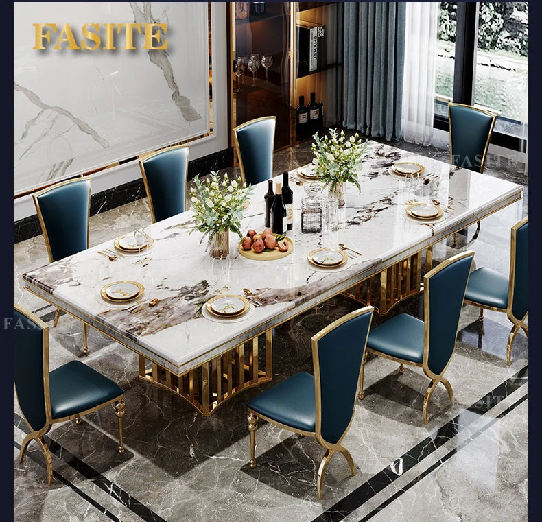 Luxury White Marble Dining Table And Chair Combination Rectangular Household Italian Type Large Concise Mesa Modern Furniture