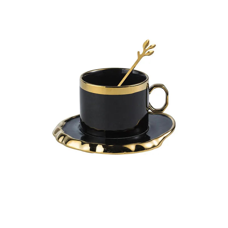 Light Luxury Ceramic Mug Dining Room Desktop Golden Stroke Cup and Saucer Set Creative Breakfast Milk Cups Home Decoration