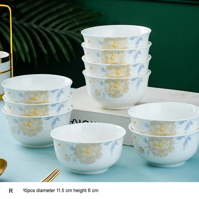 10pcs/set Chinese Dining Room Ceramic Tableware 4.5*inch Deep Jingdezhen Bone China Porcelain Dinnerware Rice bowl ceramic bowl