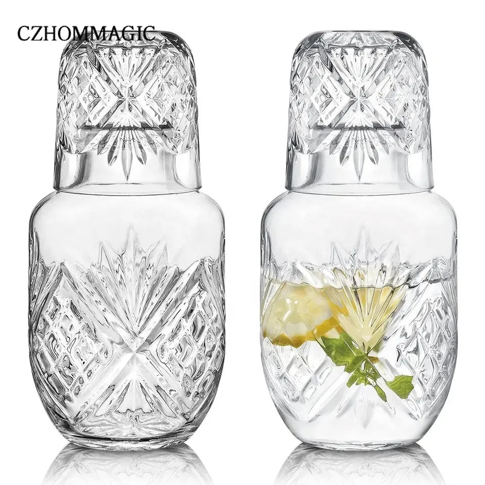 550ml Diamond Bedside Water Carafe and Glass Set for Bedroom Nightstand Vintage Night Water Pitcher with Tumbler Cup for Juice