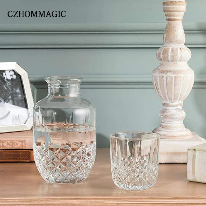 550ml Diamond Bedside Water Carafe and Glass Set for Bedroom Nightstand Vintage Night Water Pitcher with Tumbler Cup for Juice