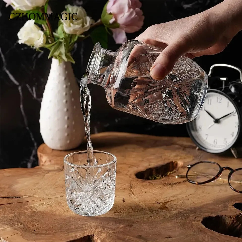 550ml Diamond Bedside Water Carafe and Glass Set for Bedroom Nightstand Vintage Night Water Pitcher with Tumbler Cup for Juice