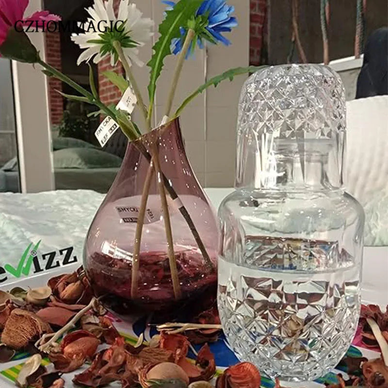 550ml Diamond Bedside Water Carafe and Glass Set for Bedroom Nightstand Vintage Night Water Pitcher with Tumbler Cup for Juice