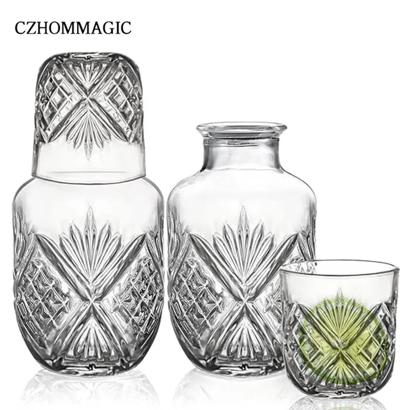 550ml Diamond Bedside Water Carafe and Glass Set for Bedroom Nightstand Vintage Night Water Pitcher with Tumbler Cup for Juice