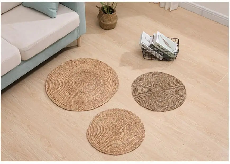Natural Jute Japanese Creative Round Style Carpet For Living Room Hand-Made Rattan Grass Rugs Sofa Mats for Bedroom Chair Sofa