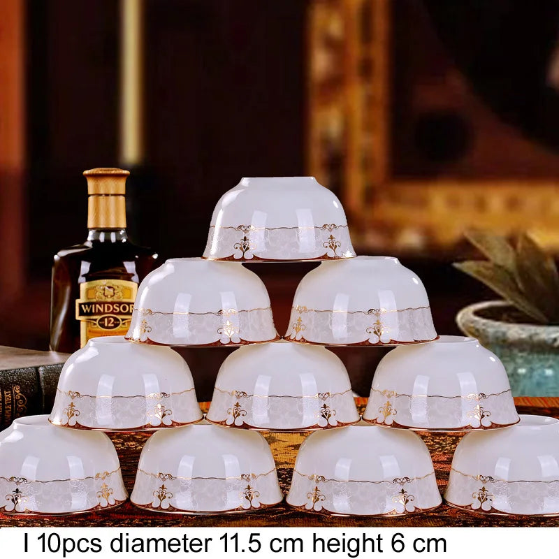 10pcs/set Chinese Dining Room Ceramic Tableware  4.5*inch Deep Jingdezhen Bone China Porcelain Dinnerware Rice bowl ceramic bowl