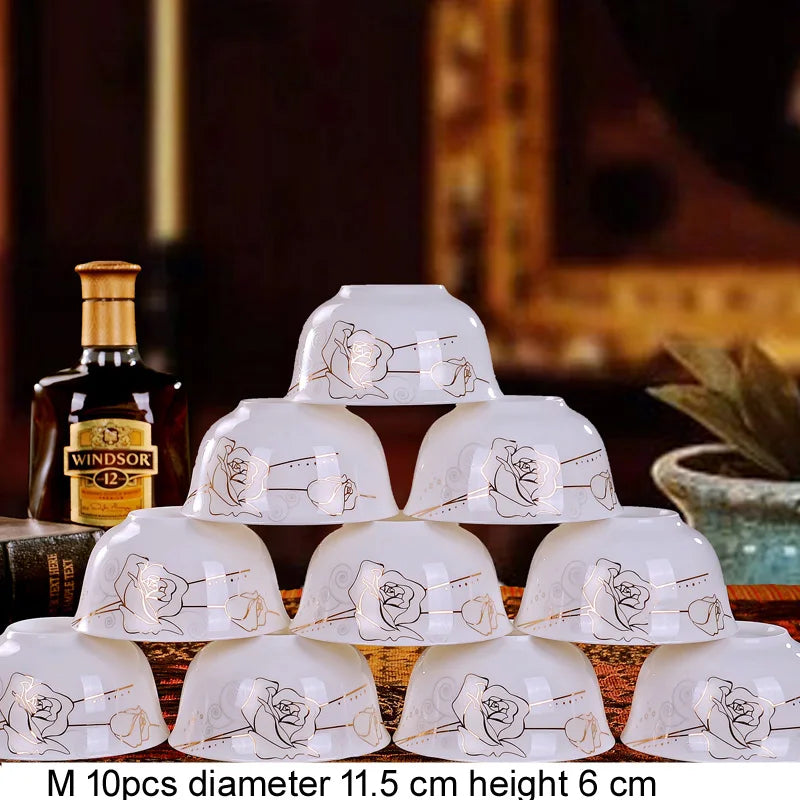 10pcs/set Chinese Dining Room Ceramic Tableware  4.5*inch Deep Jingdezhen Bone China Porcelain Dinnerware Rice bowl ceramic bowl
