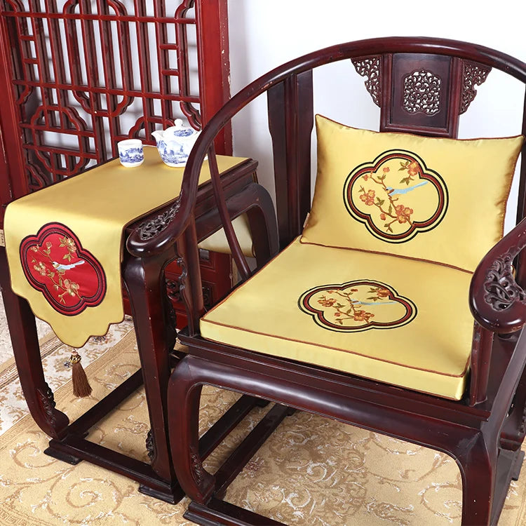 Chinese Flower and Birds Seat Cushions with Ties, Dining Chair Pads, Silk Satin, Non-Slip Sitting Mat, Custom, Fine