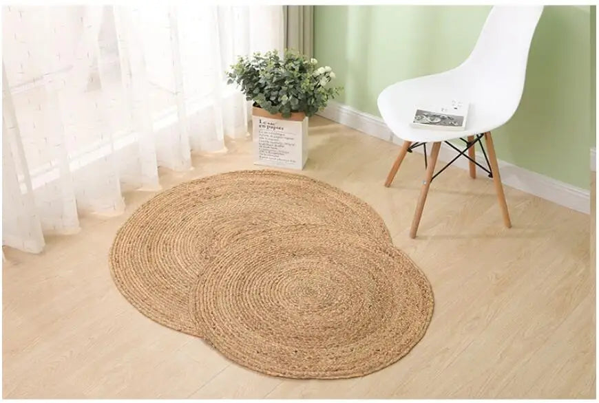 Natural Jute Japanese Creative Round Style Carpet For Living Room Hand-Made Rattan Grass Rugs Sofa Mats for Bedroom Chair Sofa