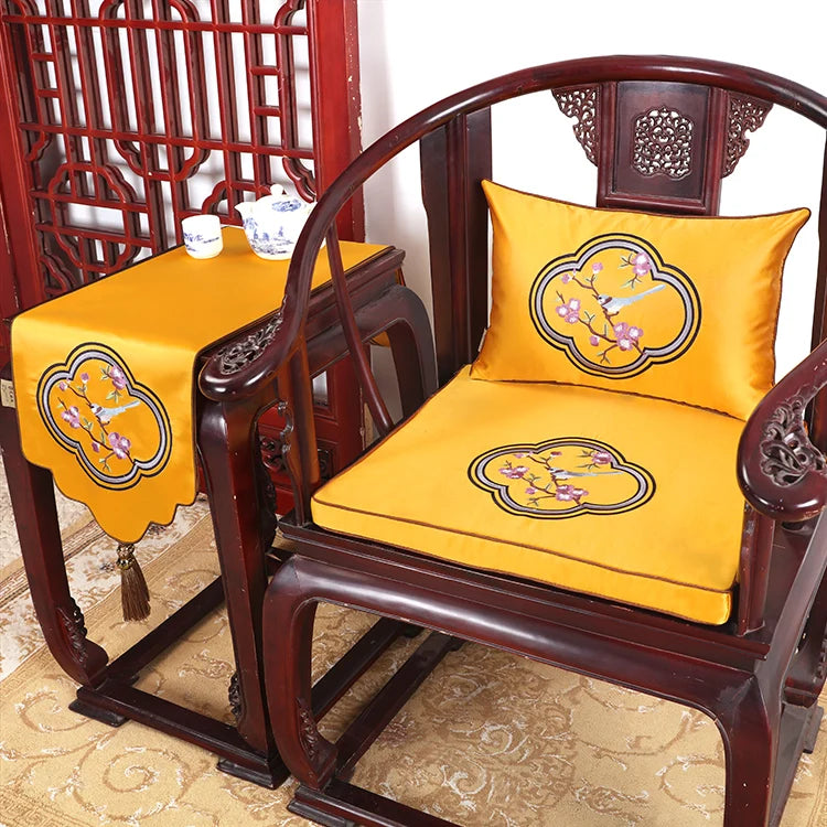 Chinese Flower and Birds Seat Cushions with Ties, Dining Chair Pads, Silk Satin, Non-Slip Sitting Mat, Custom, Fine