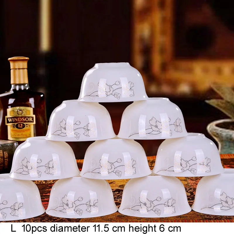 10pcs/set Chinese Dining Room Ceramic Tableware  4.5*inch Deep Jingdezhen Bone China Porcelain Dinnerware Rice bowl ceramic bowl