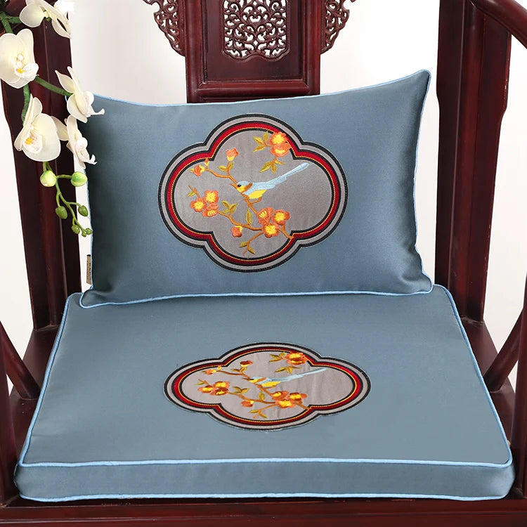 Chinese Flower and Birds Seat Cushions with Ties, Dining Chair Pads, Silk Satin, Non-Slip Sitting Mat, Custom, Fine