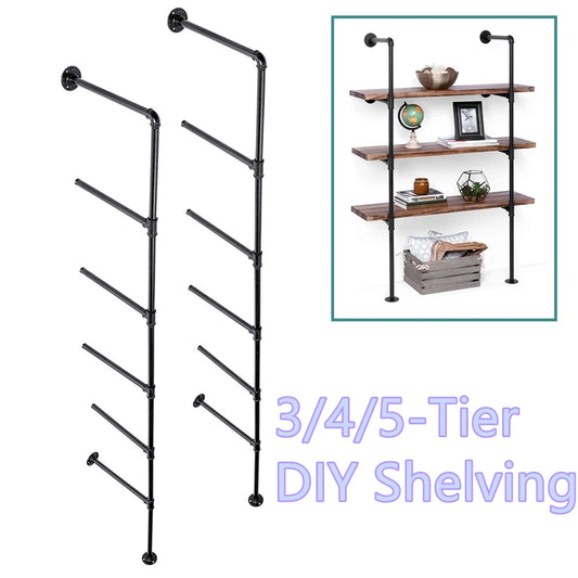 2 PCS Black DIY Pipe Shelves 5 Tier Shelf Industrial Furniture Wall Shelf Bracket Home Decor Hanging Storage Shelves Iron Pipe
