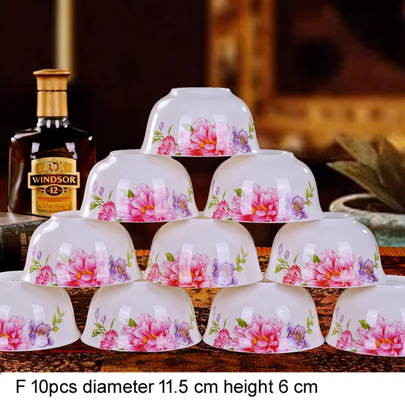 10pcs/set Chinese Dining Room Ceramic Tableware  4.5*inch Deep Jingdezhen Bone China Porcelain Dinnerware Rice bowl ceramic bowl