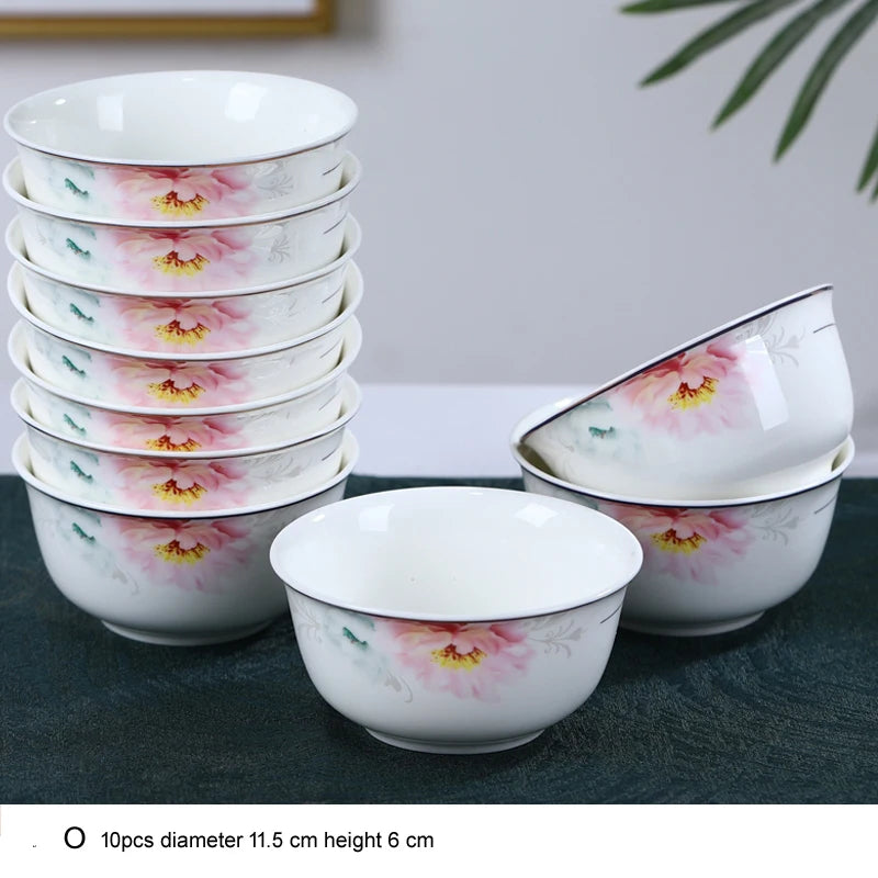 10pcs/set Chinese Dining Room Ceramic Tableware  4.5*inch Deep Jingdezhen Bone China Porcelain Dinnerware Rice bowl ceramic bowl