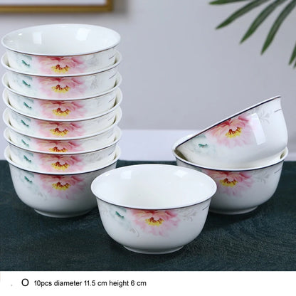 10pcs/set Chinese Dining Room Ceramic Tableware  4.5*inch Deep Jingdezhen Bone China Porcelain Dinnerware Rice bowl ceramic bowl