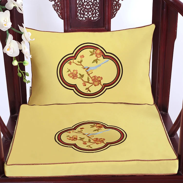 Chinese Flower and Birds Seat Cushions with Ties, Dining Chair Pads, Silk Satin, Non-Slip Sitting Mat, Custom, Fine