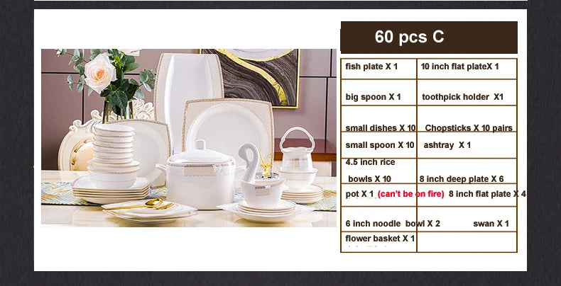 porcelain dinner set 60 pcs jingdezhen ceramics chinese dishes dishes set  Rice Bowl Salad Noodles Bowl Dinnerware Set Tableware