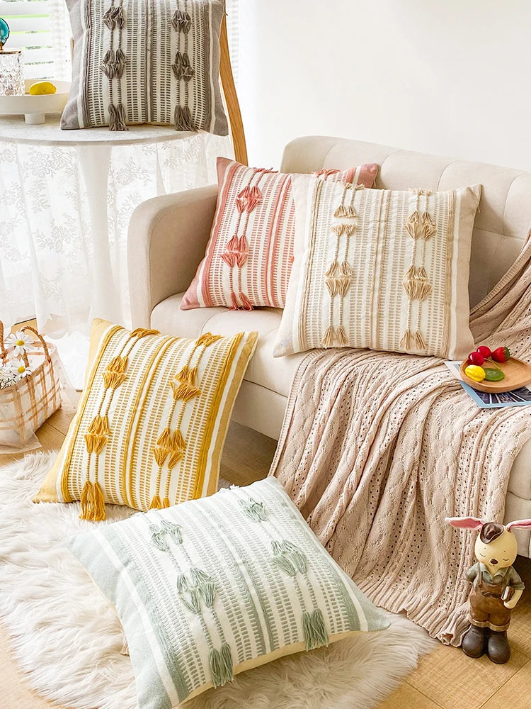 Home Decor Cushion Cover Throw Pillow Cover Yellow Grey Coffee Pink Boho Style Tassels for Living Room Bed Room 45x45cm/30x50cm