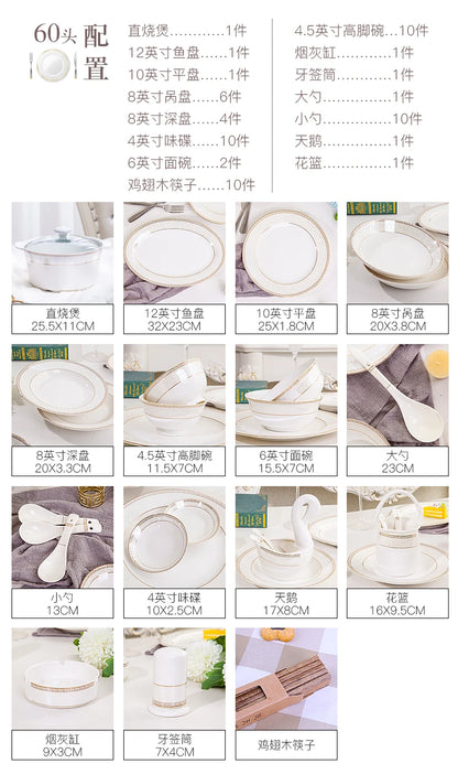 porcelain dinner set 60 pcs jingdezhen ceramics chinese dishes dishes set  Rice Bowl Salad Noodles Bowl Dinnerware Set Tableware