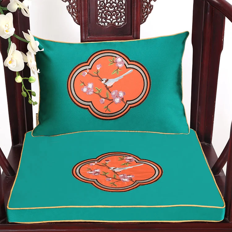 Chinese Flower and Birds Seat Cushions with Ties, Dining Chair Pads, Silk Satin, Non-Slip Sitting Mat, Custom, Fine