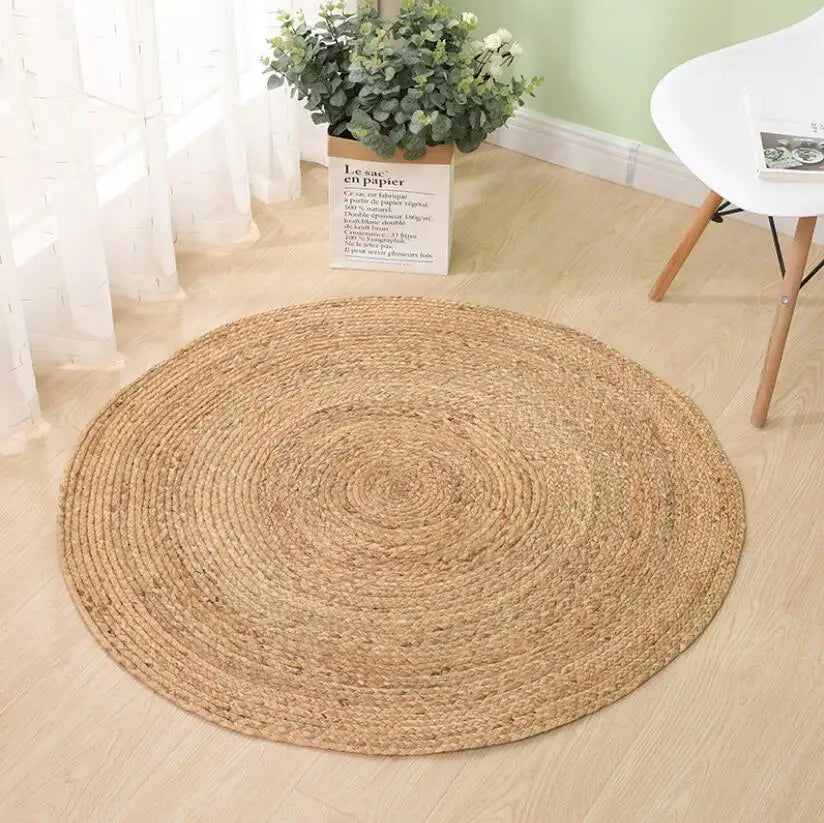 Natural Jute Japanese Creative Round Style Carpet For Living Room Hand-Made Rattan Grass Rugs Sofa Mats for Bedroom Chair Sofa