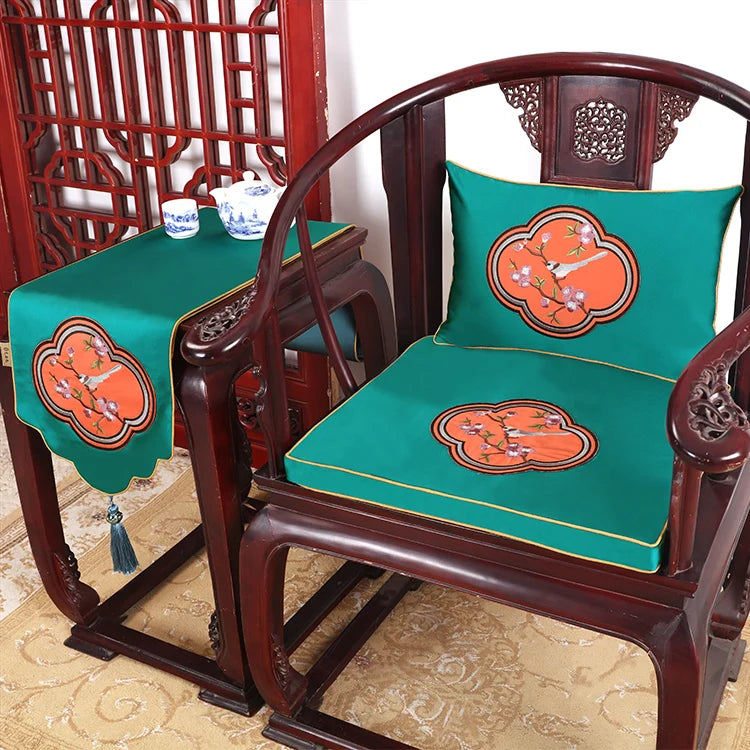 Chinese Flower and Birds Seat Cushions with Ties, Dining Chair Pads, Silk Satin, Non-Slip Sitting Mat, Custom, Fine