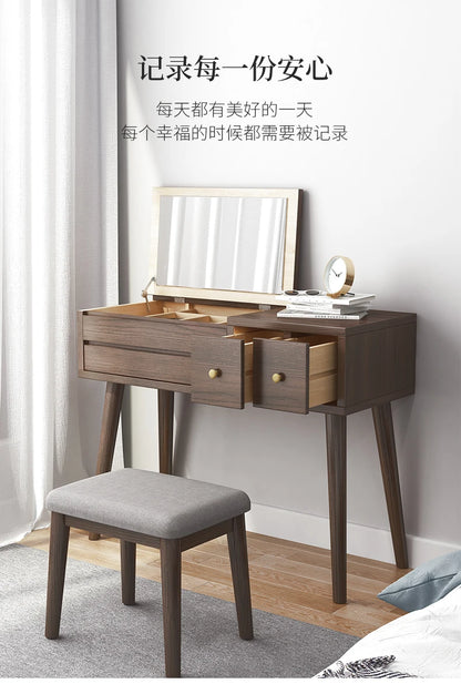 Qf Modern Minimalist Solid Wood Dresser Desk Integrated Mirror Foldable Makeup Table