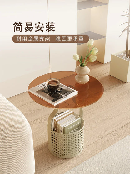 Home online celebrity simple sofa, small round table, living room glass, small coffee table, small bedside table.