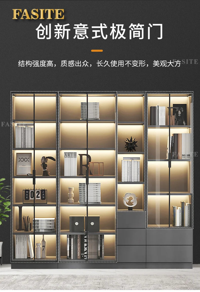 Glass door, light luxury bookcase, living room, floor to wall, dustproof bookcase, bookshelf