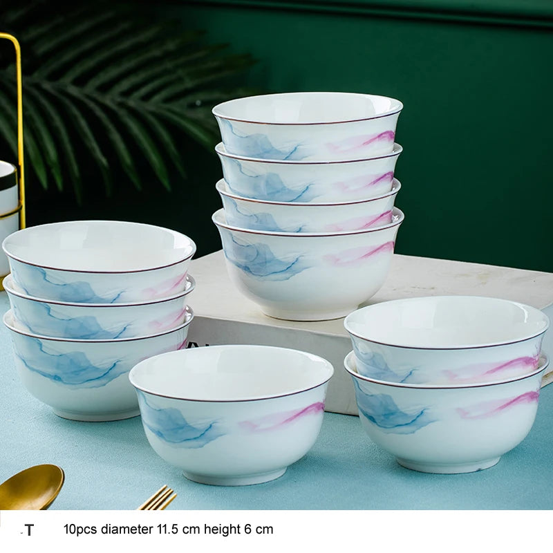 10pcs/set Chinese Dining Room Ceramic Tableware  4.5*inch Deep Jingdezhen Bone China Porcelain Dinnerware Rice bowl ceramic bowl
