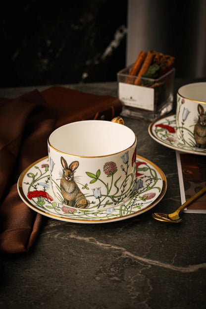 Russian Royal Porcelain Lomonosov Cartoon Rabbit Gold Plated Bone China Coffee Cup and Saucer Gift Box Gift Coffee Cup Set